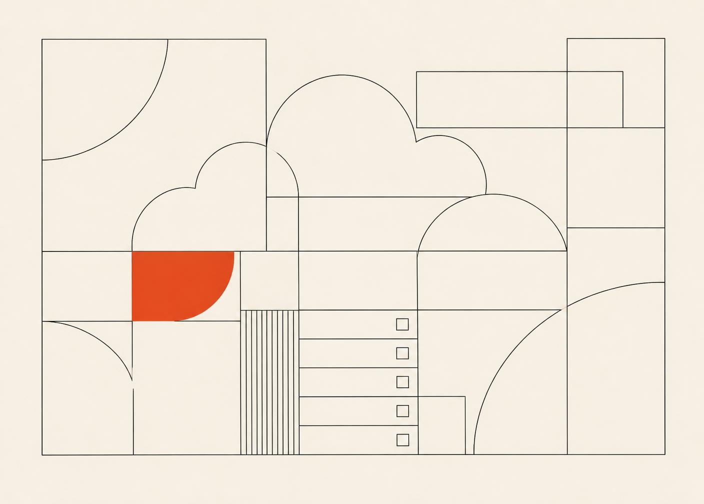 Line drawing of cloud services layered over a modular grid of storage and compute blocks